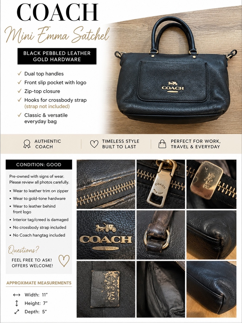 Coach Mini Emma Black Leather Satchel Handbag Gold Hardware purse